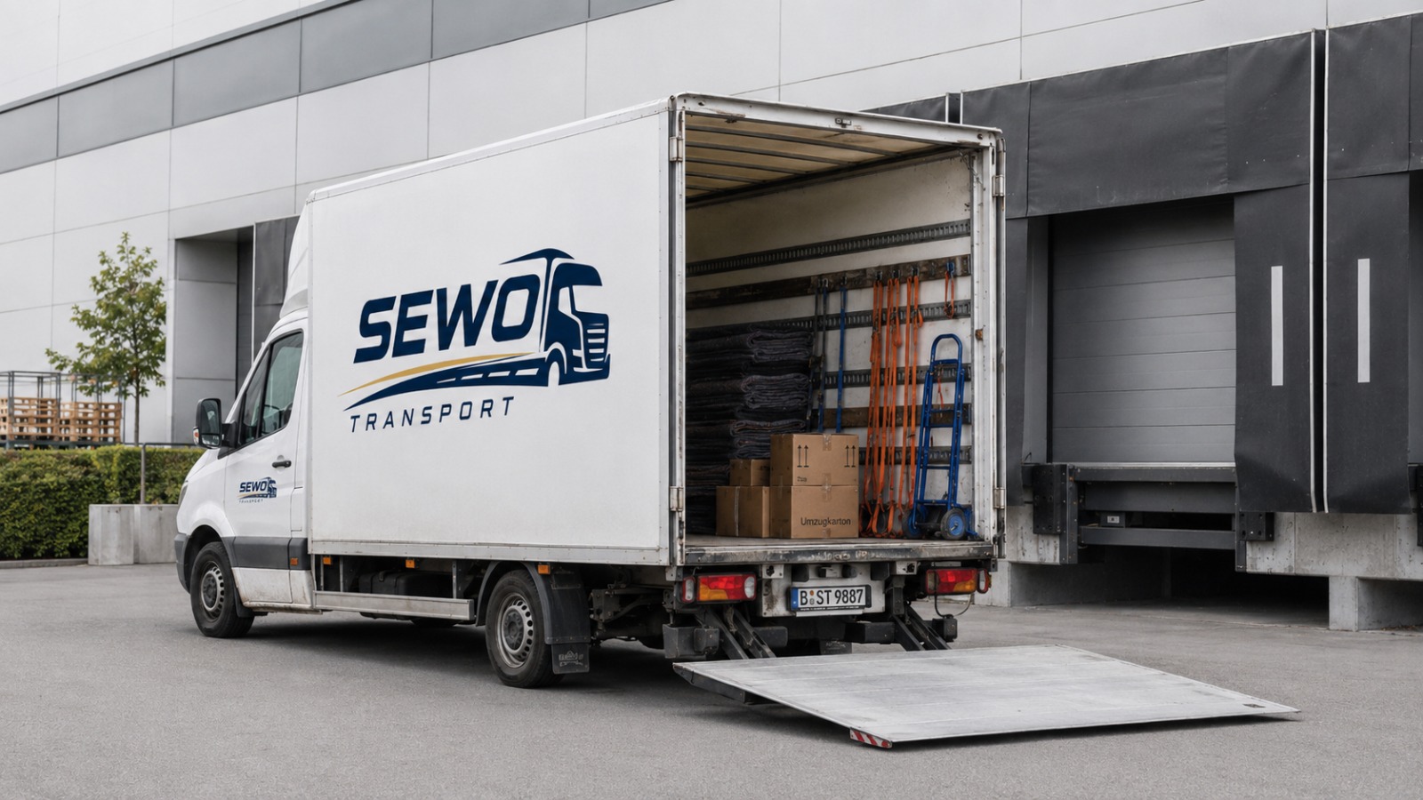 Sprinter mit geöffneter Ladeklappe und Umzugskartons